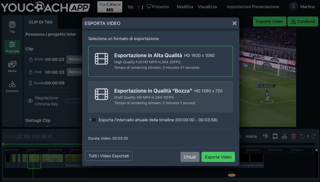 Esporta video per scaricarlo sul tuo dispositivo e scegli la qualità della risoluzione.