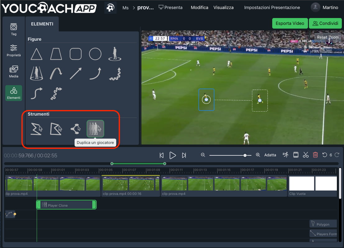 YouCoachApp Video Analysis: con la duplicazione giocatore per suggerire posizionamenti più efficaci