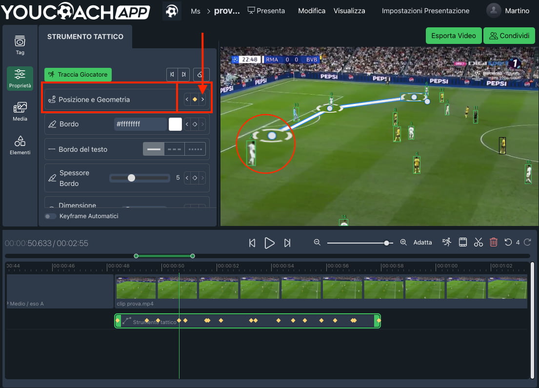 YouCoachApp Video Analysis: posizionatori gialli (keyframe).